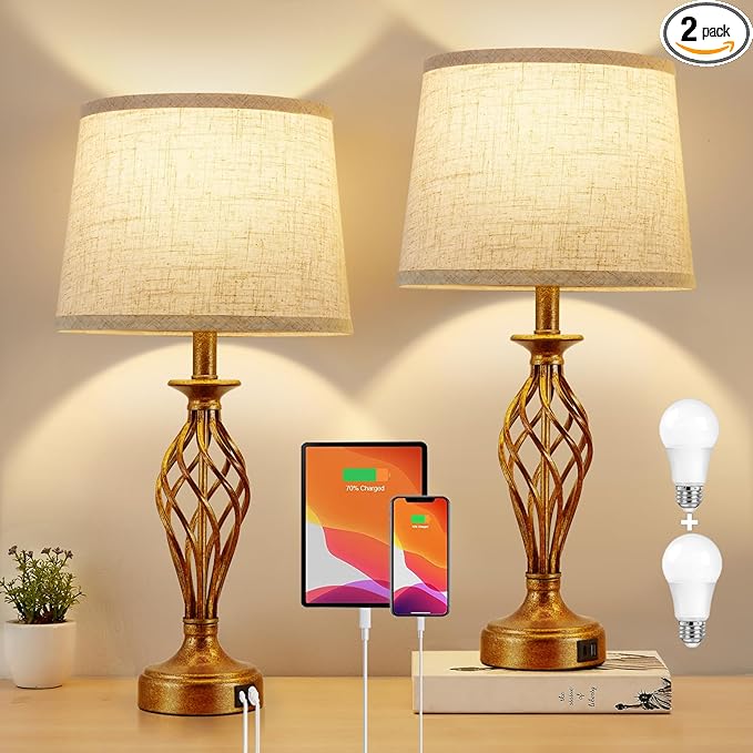 Table Lamp for Bedroom Set of 2 with USB C+A Ports - Modern Gold Bedside Lamps with Spiral Cage Base Fabric Shade - Nightstand Lamp for Living Room Reading Bed Side End Table 2 LED Bulbs Included - LeafyLoom