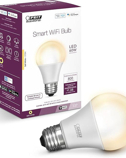 Feit Electric OM60/927CA/AG 60W Equivalent WiFi Dimmable, No Hub Required, Alexa Google Assistant A19 Smart LED Light Bulb, 4.4" H x 2.3" D, 2700K Soft White FeitElectricCompany