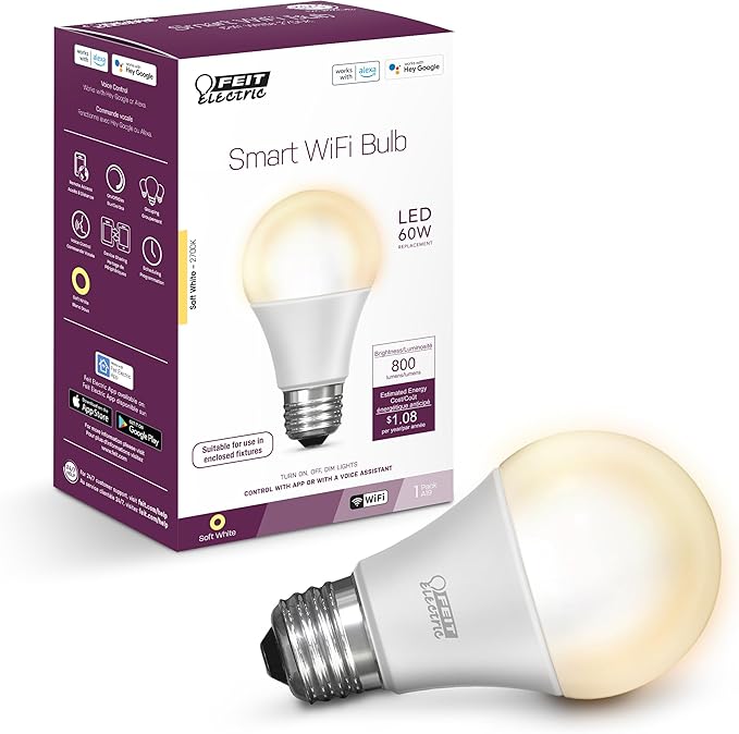 Feit Electric OM60/927CA/AG 60W Equivalent WiFi Dimmable, No Hub Required, Alexa Google Assistant A19 Smart LED Light Bulb, 4.4" H x 2.3" D, 2700K Soft White FeitElectricCompany