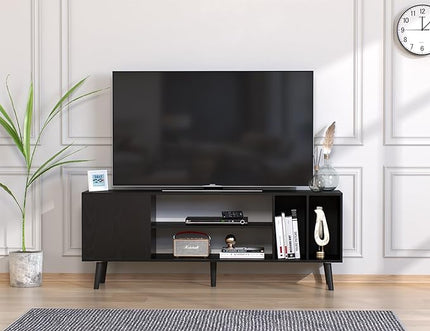 Yusong TV Stand for 55/65 inch TV, Mid Century Modern TV Console Table, Media Entertainment Center with Storage for Living Room Bedroom, Wood TV Cabinet, Oak Black - LeafyLoom