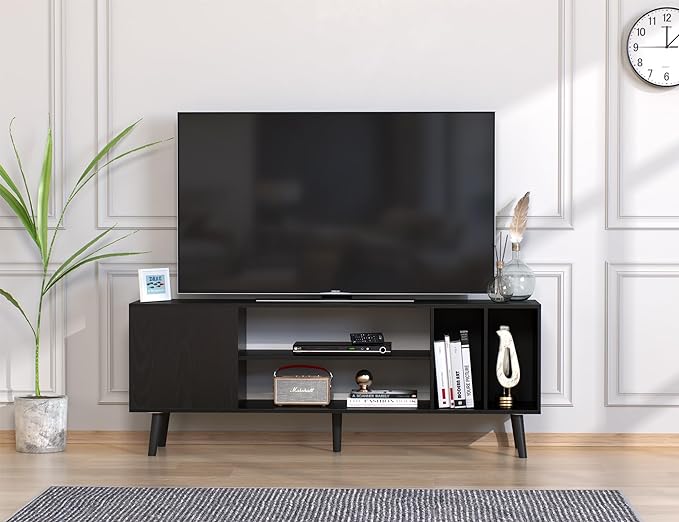 Yusong TV Stand for 55/65 inch TV, Mid Century Modern TV Console Table, Media Entertainment Center with Storage for Living Room Bedroom, Wood TV Cabinet, Oak Black - LeafyLoom