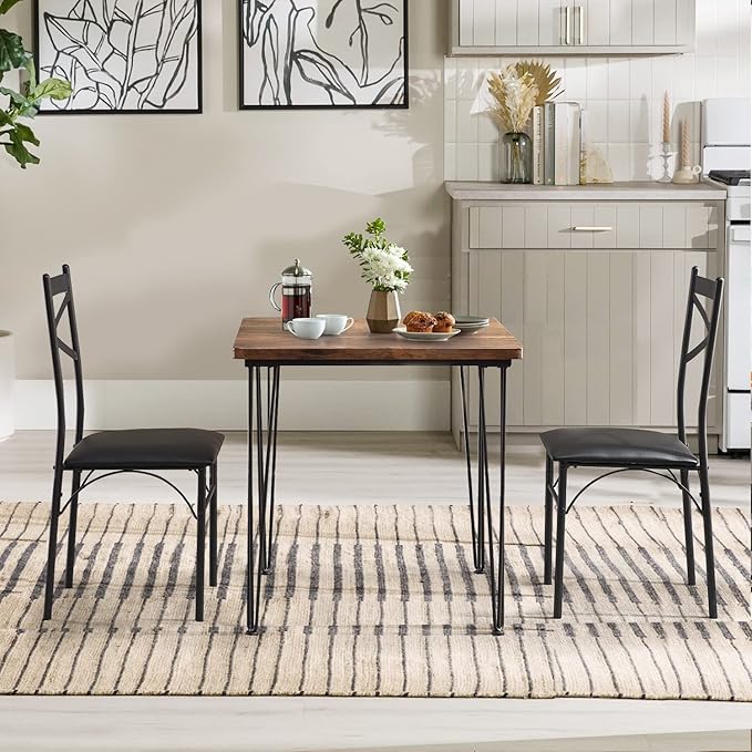 VECELO 3-Piece Table Chairs with Metal Legs for Kitchen, Room, Dinette, Breakfast Nook, Dining Set for 2, Retro Brown - LeafyLoom