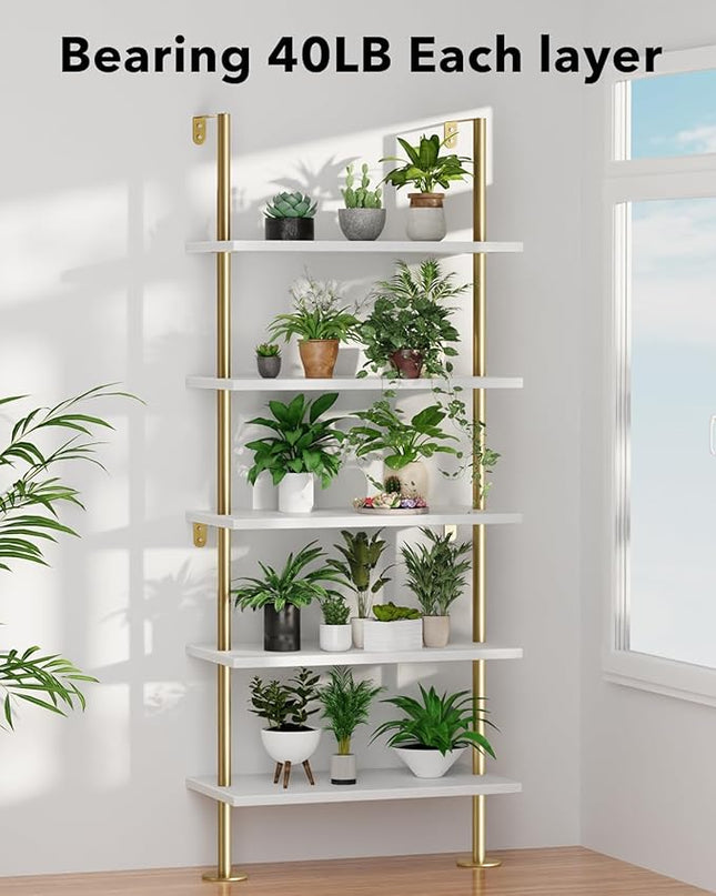 Ladder Shelf Bookcase 5 Tier, Extra Sturdy Modern Bookshelf Wall Mounted, Tall Standing Open Shelf White and Gold, Industrial Metal Frame with Wooden Shelf - LeafyLoom