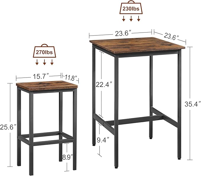 NicBex Small Dining Table for 2 Kitchen Tables and Chairs Bar Table Set, Square Bar Table with 2 Bar Chairs for Kitchen Breakfast Table, Bar, Banquet Hall, Space Saving, Rustic Brown - LeafyLoom