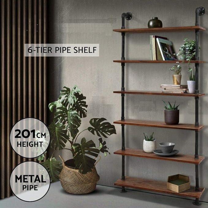 Diwhy Industrial Pipe Bookshelf, 6 Layer Rustic Modern Wood Ladder Shelf with Metal Frame, Home Decor, Display Shelving, Retro Floating Shelving, 35.4x9.8x79in, 10-20lbs, Pine - LeafyLoom