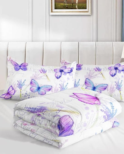 Purple Butterfly Comforter Set Full Size for Girls Kids Adults Lavender Flowers Pattern Bedding Set Aesthetics Butterflies Quilt Bed Set with 1 Comforter and 2 Pillowcases - LeafyLoom