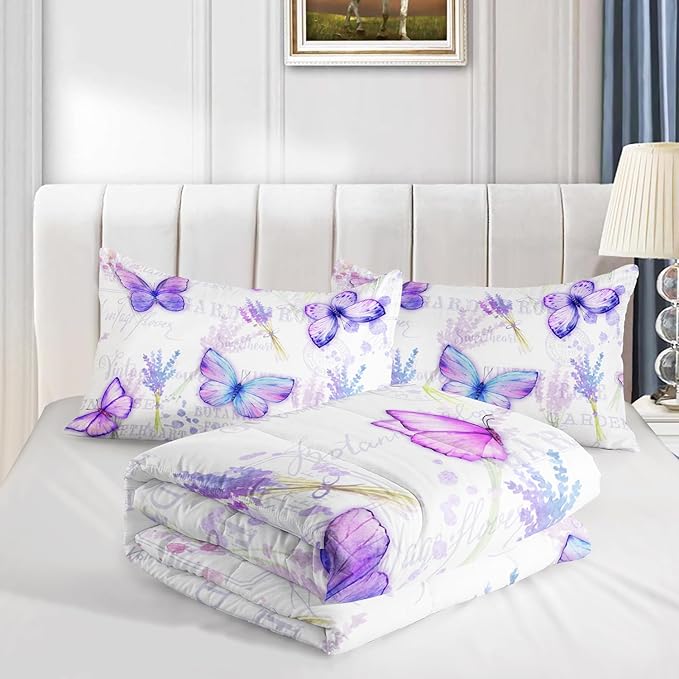 Purple Butterfly Comforter Set Full Size for Girls Kids Adults Lavender Flowers Pattern Bedding Set Aesthetics Butterflies Quilt Bed Set with 1 Comforter and 2 Pillowcases - LeafyLoom