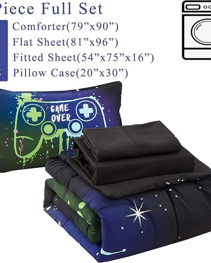 Kids Gaming Bedding Sets Full Size for Boys Teen, 5 Piece Bed in a Bag Gamer Comforter Set with Sheets, 3D Colorful Video Game Controller Comforter, All Season Soft Microfiber Bed Set(Blue,Full) - LeafyLoom