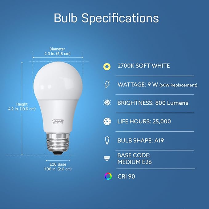 Feit Electric OM60/927CA/AG 60W Equivalent WiFi Dimmable, No Hub Required, Alexa Google Assistant A19 Smart LED Light Bulb, 4.4" H x 2.3" D, 2700K Soft White FeitElectricCompany