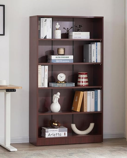 STARY 5 Shelf Mahogany Bookcase 60 inch Tall Wood Bookshelf for Bedroom - LeafyLoom
