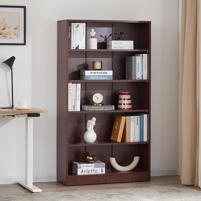 STARY 5 Shelf Mahogany Bookcase 60 inch Tall Wood Bookshelf for Bedroom - LeafyLoom