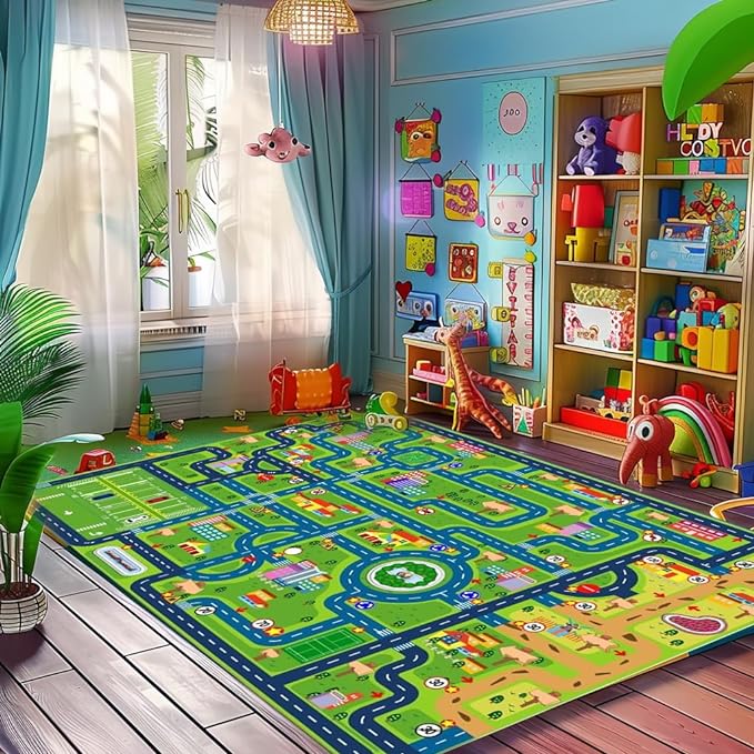 Car Rug Play Mat,Road Rug Kid Play Mat,Playroom Toy Car Mat, Kids Carpet City Map for Bedroom Classroom,Extra Large Thick (59X39.4 Inch) - LeafyLoom