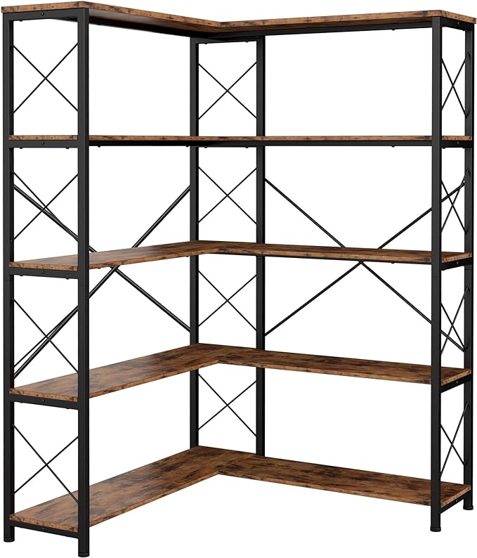 IRONCK 5-Shelf Corner Bookcase, Vintage Industrial Corner Bookshelf Etagere Bookcase, 5 Tier Corner Shelf Storage Rack with Metal Frame for Living Room Home Office - LeafyLoom