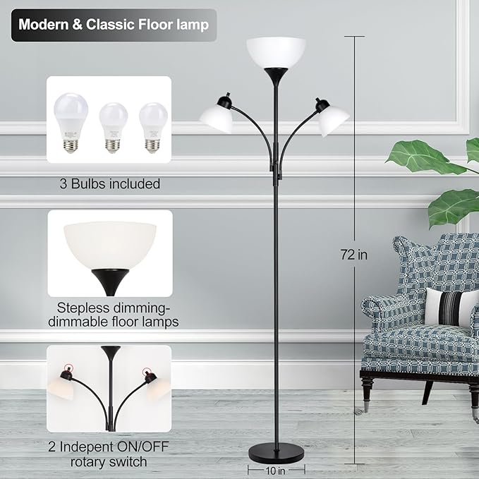 RIGLG Floor Lamps for Living Room,Standing Lamp with Stepless Dimming, 3 Lights Adjustable Reading Lights, Morden Tall Lamps for Living Room, Bedroom, Office - LeafyLoom
