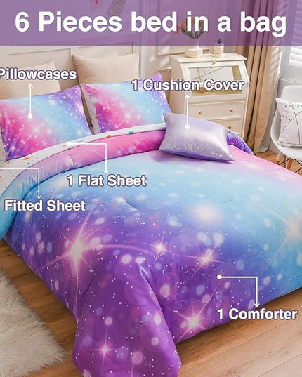A Nice Night 6Pcs Gradient Glitter Bedding Set for Girls Full Size, Colorful Rainbow Galaxy Comforter Set, Ultra Soft Bedding Sets, Purple - LeafyLoom