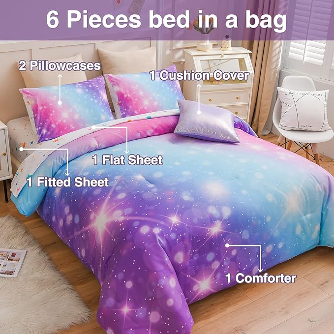 A Nice Night 6Pcs Gradient Glitter Bedding Set for Girls Full Size, Colorful Rainbow Galaxy Comforter Set, Ultra Soft Bedding Sets, Purple - LeafyLoom