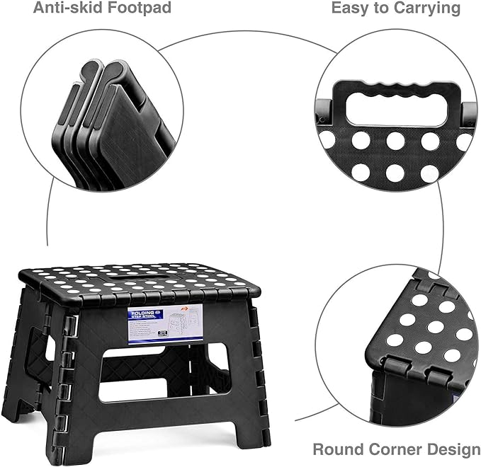 Delxo 9 Inch Folding Step Stool in Black,1 Pack Premium Heavy Duty Foldable Stool for Kids,Portable Collapsible Plastic Step Stool,Non Slip Folding Stools for Kitchen Bathroom Bedroom - LeafyLoom