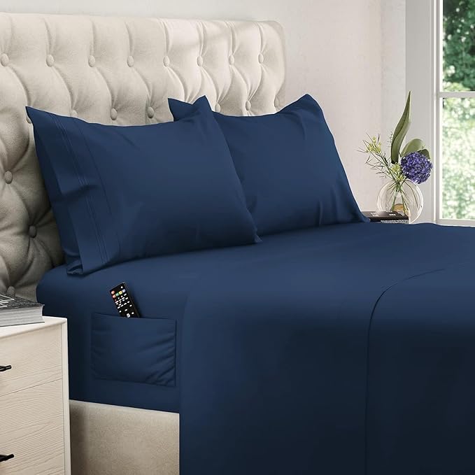 DREAMCARE Queen Size Sheets - Cooling Bed Sheets - 4pcs Set - up to 15" Deep Pocket Queen Sheet Set - Sheets Queen Size Bed - Soft & Long Lasting 100% Fine Brushed Polyester with Side Pocket - NBlue - LeafyLoom