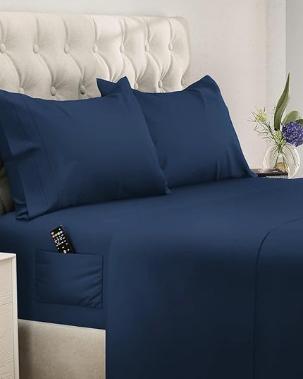 DREAMCARE King Size Sheets Set - Cooling Bed Sheets - 4pcs Set - up to 15" Deep Pocket King Sheet Set – Soft & Long Lasting Cooling - 100% Fine Brushed Polyester with Side Pocket - Navy Blue - LeafyLoom