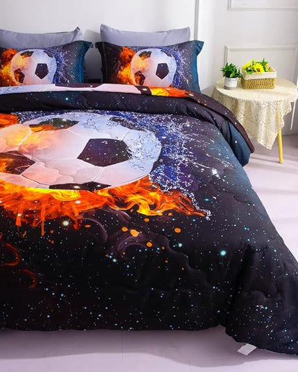 Wajade Football Soccer Comforter Set Bed in A Bag Queen Size 3D Galaxy Soccer Ball Sports Bedding Set for Boys Kids (1 Comforter, 1 Flat Sheet, 1 Fitted Sheet, 2 Pillowcase and 2 Pillow Sham) - LeafyLoom