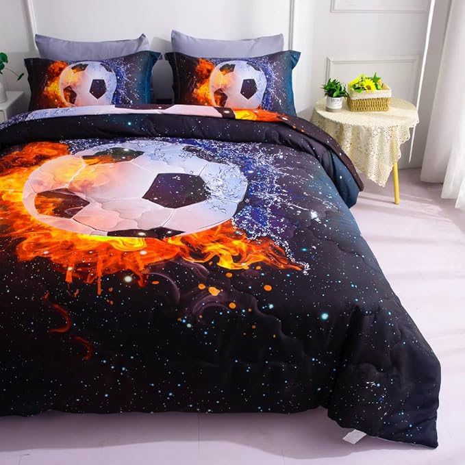 Wajade Football Soccer Comforter Set Bed in A Bag Queen Size 3D Galaxy Soccer Ball Sports Bedding Set for Boys Kids (1 Comforter, 1 Flat Sheet, 1 Fitted Sheet, 2 Pillowcase and 2 Pillow Sham) - LeafyLoom