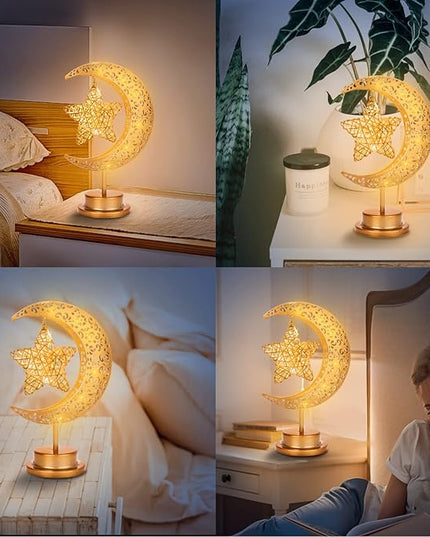 HEDAQI Enchanted Lunar Star Table Lamp, Cordless Battery Operated LED Crescent Moon Light, Hanging Star Lamp Decorative Night Light Home Bedroom Decor - LeafyLoom