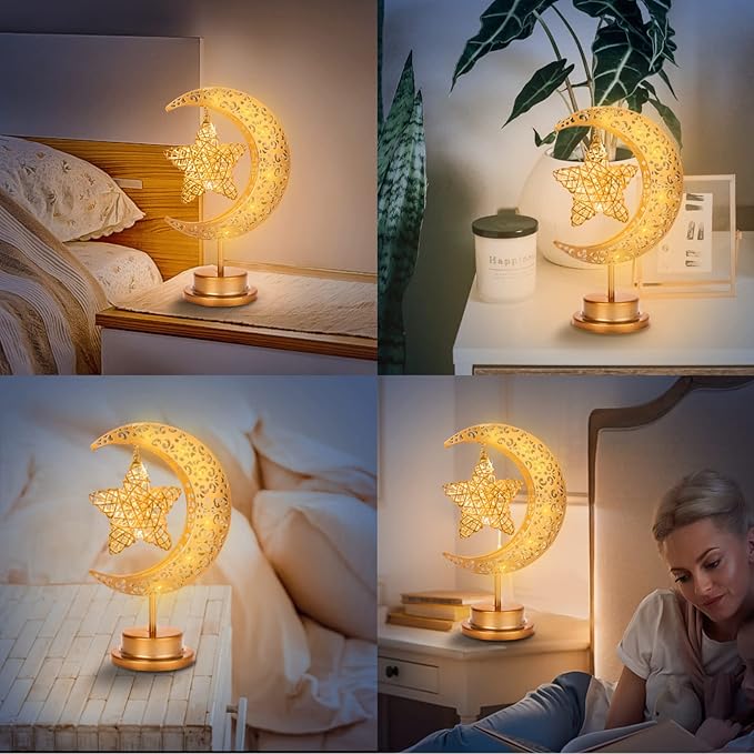 HEDAQI Enchanted Lunar Star Table Lamp, Cordless Battery Operated LED Crescent Moon Light, Hanging Star Lamp Decorative Night Light Home Bedroom Decor - LeafyLoom