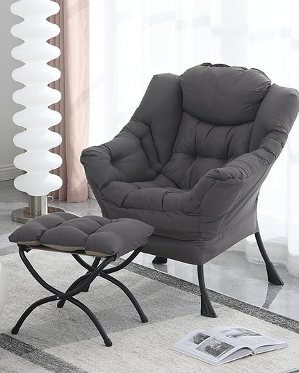 Lazy Chair with Ottoman, Modern Soft Reading Chair Accent Contemporary Lounge Leisure Sofa Chair with Armrests and a Side Pocket for Living Room, Bedroom, Dorm & Office, Dark Grey - LeafyLoom