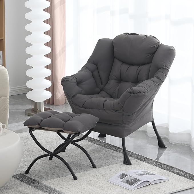 Lazy Chair with Ottoman, Modern Soft Reading Chair Accent Contemporary Lounge Leisure Sofa Chair with Armrests and a Side Pocket for Living Room, Bedroom, Dorm & Office, Dark Grey - LeafyLoom