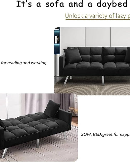 Futon Sofa Bed Living Room Furniture Sets 74" Modern Convertible Folding Lounge Couch Loveseat Daybed Upholstered Sofá with 2 Pillows for Bedroom Apartment,Home Office,Black - LeafyLoom