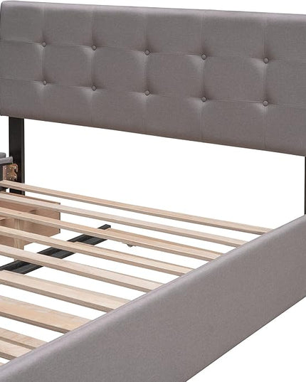 Size Upholstered Platform Bed with Headboard, Twin XL Trundle and 2 Drawers Storage, Linen Fabric Bedframe for Bedroom, Queen (U.S. Standard), Light Gray - LeafyLoom
