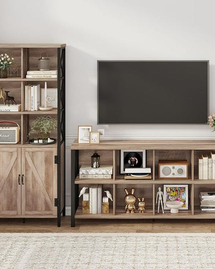 FATORRI Bookshelf with Doors, Rustic Tall Bookshelf with Cabinet, Industrial Farmhouse Book Shelf and Cube Organizer Bookcase for Living Room (Rustic Oak) - LeafyLoom