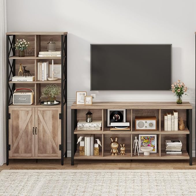 FATORRI Bookshelf with Doors, Rustic Tall Bookshelf with Cabinet, Industrial Farmhouse Book Shelf and Cube Organizer Bookcase for Living Room (Rustic Oak) - LeafyLoom