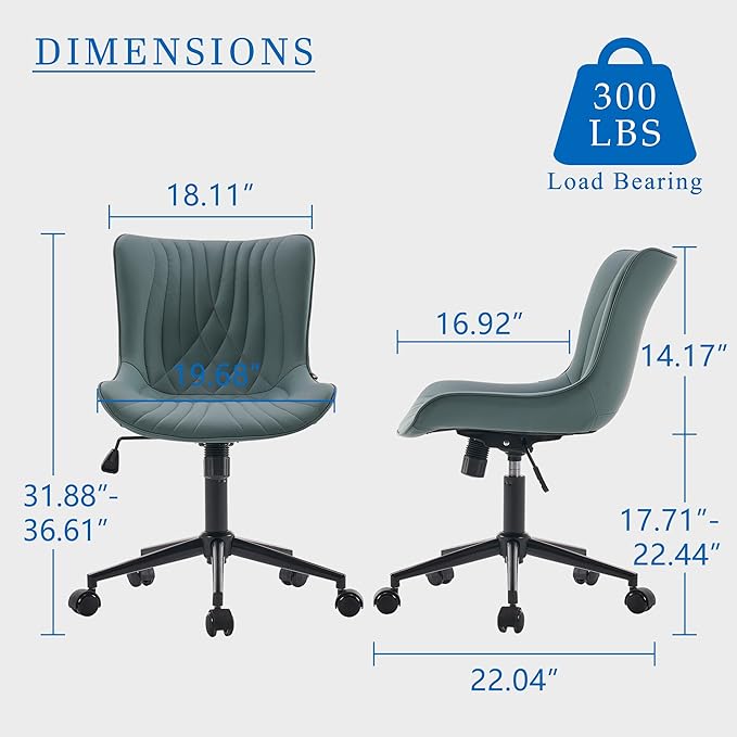 YOUNIKE Office Chair Armless Desk Chair with Wheels, Home Office Computer Task Chair, Modern Faux Leather Upholstered Vanity Chair, Adjustable Swivel Rolling Office Chairs, Greyishgreen - LeafyLoom