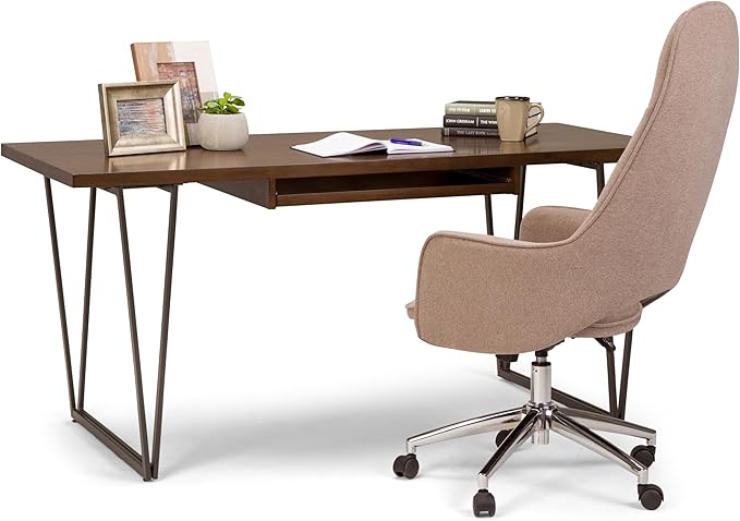 SIMPLIHOME Ryder SOLID WOOD and Metal 66 inch Wide Home Office Desk, Writing Table, Workstation, Study Table Furniture in Natural Aged Brown - LeafyLoom
