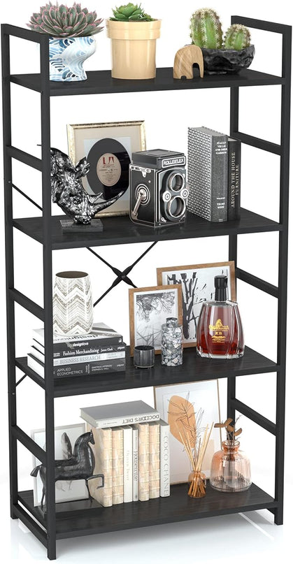 OTK 4 Tier Bookshelf, Tall Bookcase, Office Shelf Storage Organizer, Modern Book Shelf for Living Room, Bedroom, and Home Office, Black - LeafyLoom