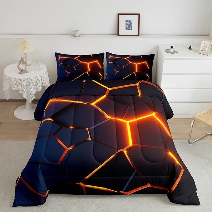 Honeycomb Print Bedding Set Red Black Fire Hexagonal Pattern Comforter Set for Kids Boys Girls Teens Beehive Geometrical Comforter Breathable Simplistic Duvet Set Room Decor Quilt Set Twin Size - LeafyLoom