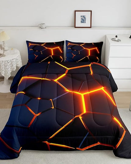Honeycomb Print Bedding Set Red Black Fire Hexagonal Pattern Comforter Set for Kids Boys Girls Teens Beehive Geometrical Comforter Breathable Simplistic Duvet Set Room Decor Quilt Set Full Size - LeafyLoom