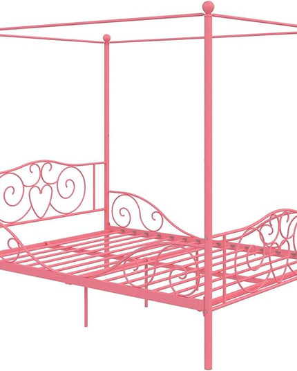 DHP Metal Canopy Kids Platform Bed with Four Poster Design, Scrollwork Headboard and Footboard, Underbed Storage Space, No Box Sring Needed, Full, Pink - LeafyLoom