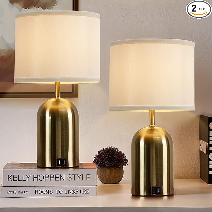 Touch Control Table Lamps Set of 2, Bedside Table Lamps for Bedrooms Set of 2 Modern Living Room 3 Way Dimmable Gold Bedside Lamp for End Table with 2 USB Charging Ports, 2 Bulbs Included - LeafyLoom