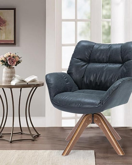 Faux Leather Accent Chair, Modern Cozy Vanity Chair with Wood Legs, Upholstered Single PU Leather Boucle Armchair for Living Room Bedroom Office Guest Room (Black) - LeafyLoom