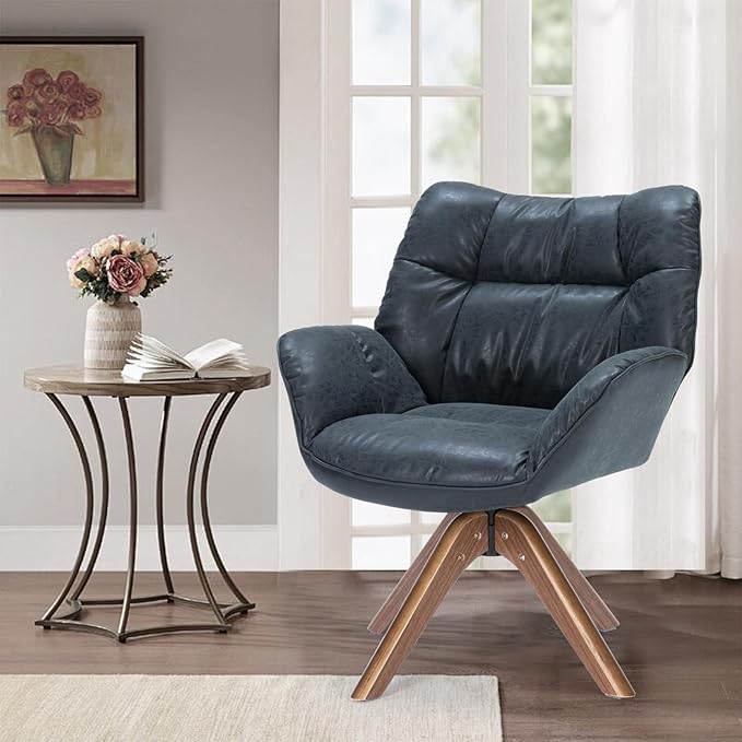 Faux Leather Accent Chair, Modern Cozy Vanity Chair with Wood Legs, Upholstered Single PU Leather Boucle Armchair for Living Room Bedroom Office Guest Room (Black) - LeafyLoom