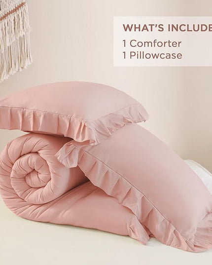 Andency Blush Ruffle Comforter Set, 2 Pieces Kids Comforter Set Twin(66x90Inch), Farmhouse Shabby Chic Comforter Set, Soft Microfiber Kids Bedding Set - LeafyLoom