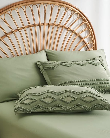 Sage Green Tufted Comforter Set King Size 7 Piece Bed in a Bag, Shabby Chic Boho Comforter and Sheet Set, Pom Pom Textured Bed Set, All Season Soft Microfiber Complete Bedding Set(Green,King) - LeafyLoom