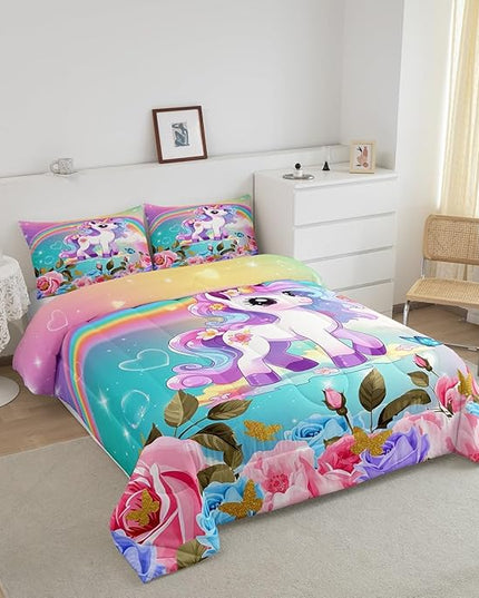 Cartoon Unicorn Kids Comforter Set Twin Size,Roses Flowers Butterfly Princess Bedding Set,Girls Women Room Decor,Rainbow Unicorn Cute Down Comforter,Pink Blue Romantic Duvet Insert,1 Pillowcase - LeafyLoom
