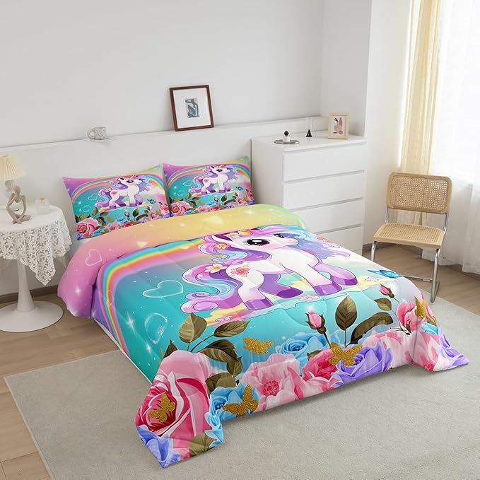 Cartoon Unicorn Kids Comforter Set Twin Size,Roses Flowers Butterfly Princess Bedding Set,Girls Women Room Decor,Rainbow Unicorn Cute Down Comforter,Pink Blue Romantic Duvet Insert,1 Pillowcase - LeafyLoom