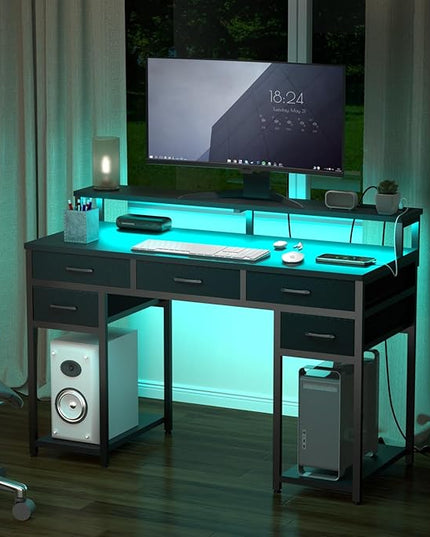 Black Computer Desk with Drawers, Gaming Desk with LED Light & Power Outlet, 47" Home Office Desk with Large Storage & Monitor Stand for Small Space - LeafyLoom