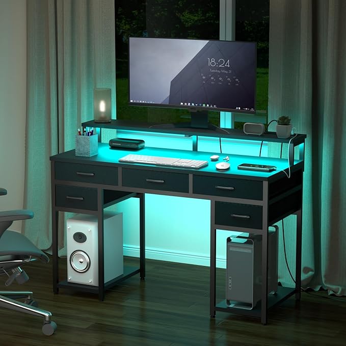Black Computer Desk with Drawers, Gaming Desk with LED Light & Power Outlet, 47" Home Office Desk with Large Storage & Monitor Stand for Small Space - LeafyLoom