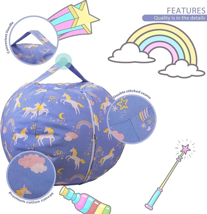 Aubliss Stuffed Animal Bean Bag Storage Chair (Light Blue Unicorn, Large (38'')) - LeafyLoom