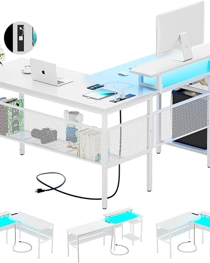 L Shaped Desk, 55 Inch Reversible Computer Desk with Magic Power Outlet and Cool LED Light, Sturdy Corner Office Desk with Ergonomic Monitor Stand, Gaming Table, Attractive Grid Design, White - LeafyLoom